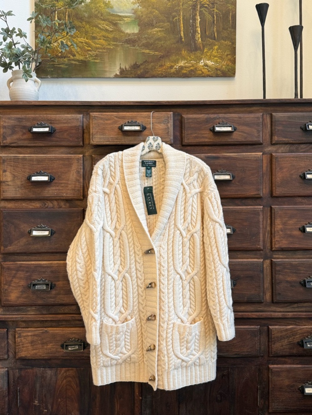NWT Vintage Lauren Ralph Lauren Fisherman Cable Knit Toggle Cardigan
